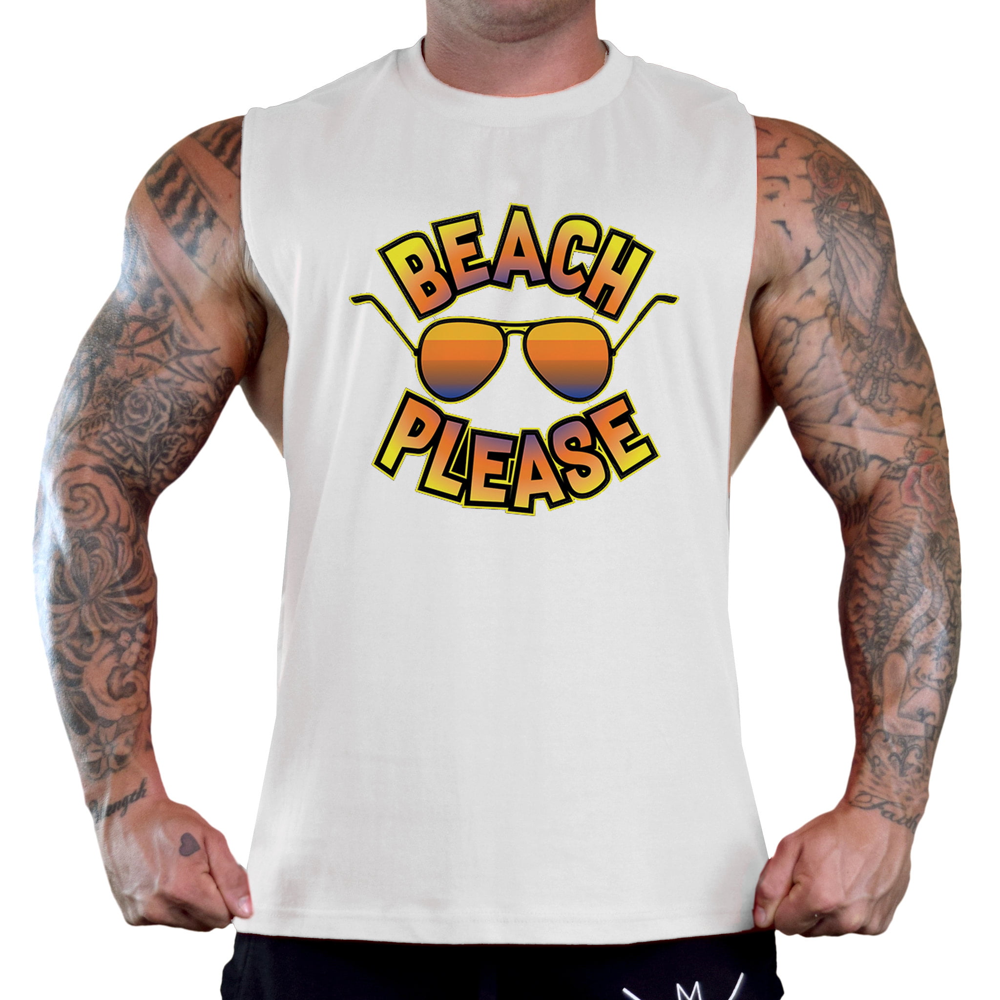 Interstate Apparel Inc Mens Beach Please Sunglasses White Deep Cut T-Shirt Tank Top