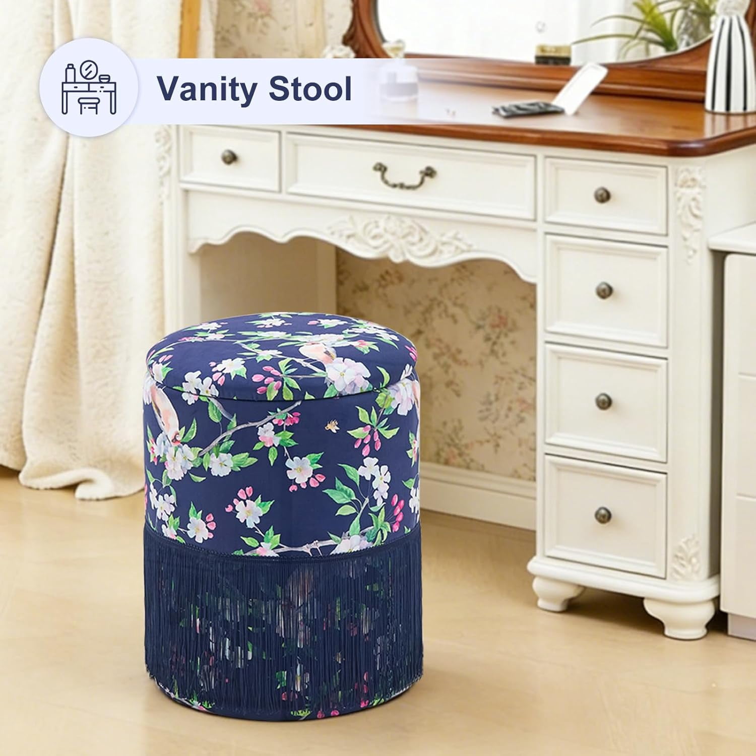 Casa Pura Furniture Storage Ottoman Round Velvet with Fringe Blue Hidden Storage 17.72 in H