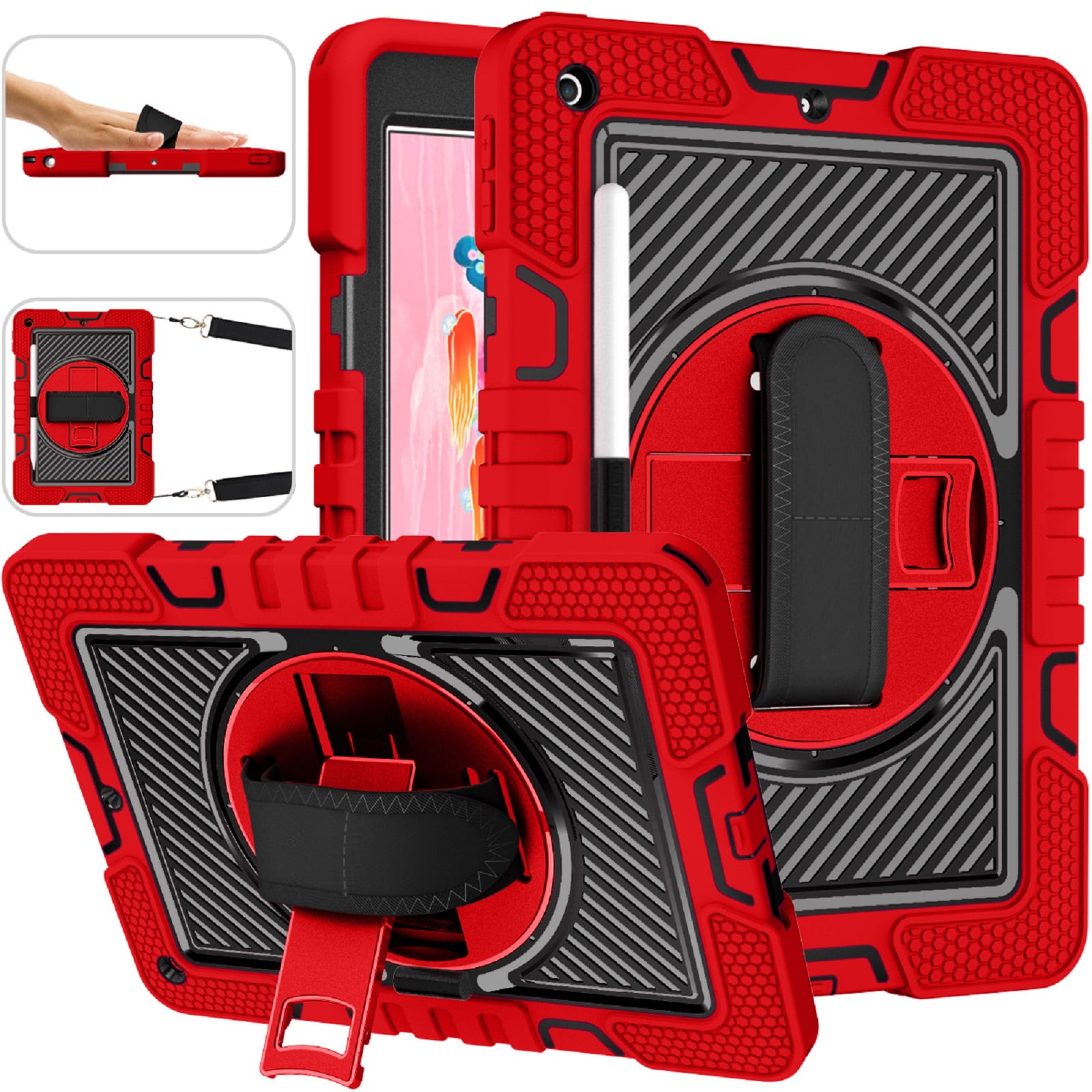 ELEHOLD Rugged Case For Apple iPad 11th(A16) 2025 Three-Layer Hybrid Muti-Functional Case with 360° Rotating Kickstand Pencil Holder Handstrap Shoulder Strap Shockproof Case ,B
