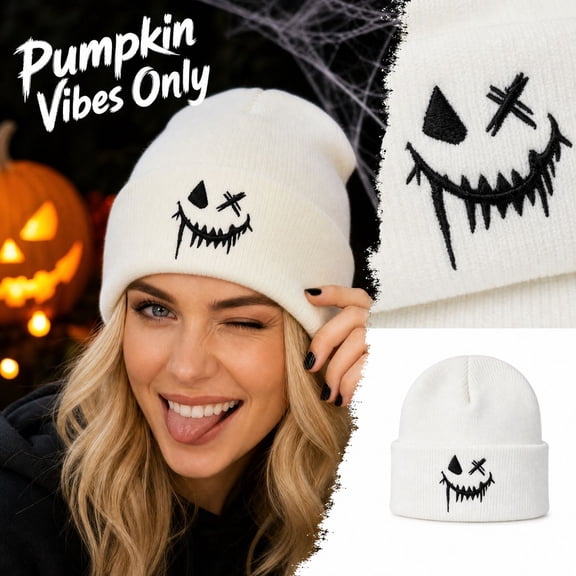 Stylish Halloween Beanie Knitted Hats for Women Men Soft Slouchy Hat Autumn Winter Cap White One Size