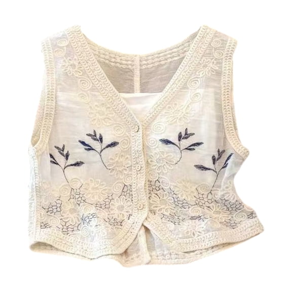 Women Elegant Embroidered Sleeveless Vest Soft Cotton Fabric Crop Tank Top Crochet Flower Button Down Cardigan Outerwear