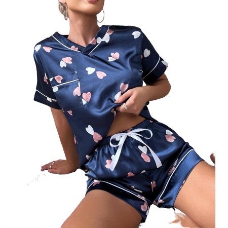 

V neck Heart Short Sets Navy Blue Short Sleeve Cute Women s Pajama Sets