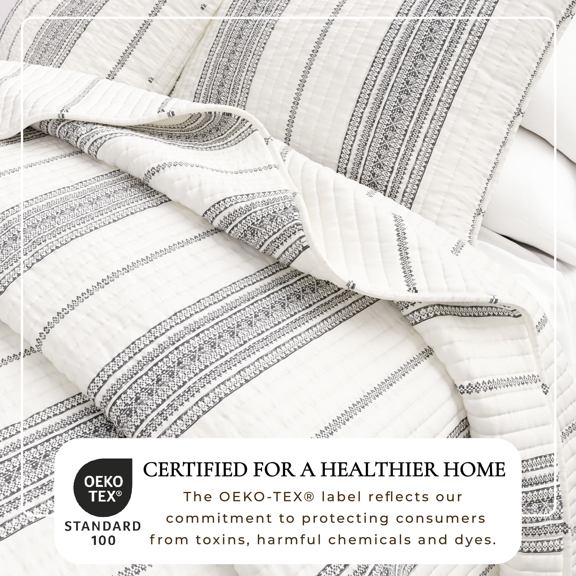 Striped Quilt Set - Lightweight, Soft, All-Season - 3-Piece Reversible Farmhouse Bedding Set (Full / Queen, Cream / Grey)