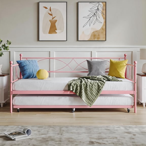 Twin Size Metal Daybed with Pull Out Trundle Bed, Space Saving Multifunctional Sofa Bed Frame, Sturdy Steel Slat Support, for Bedroom Living Room Guest Room, Pink