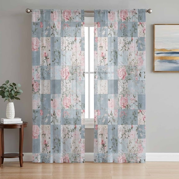 Blue Pink Botanical Semi Sheer Window Curtains 108 Inches Long, Spring Floral Vintage Rod Pocket Voile Silky Chiffon Curtain Light Filtering Drapes for Living Room, Kitchen, 52"x108", 2 Panels