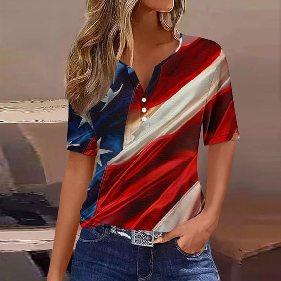 NTACZA American Flag Print Spring Tops Henley Regular Button Short Sleeve Women Patriotic Graphic Tees Tshirts Shirts for Women