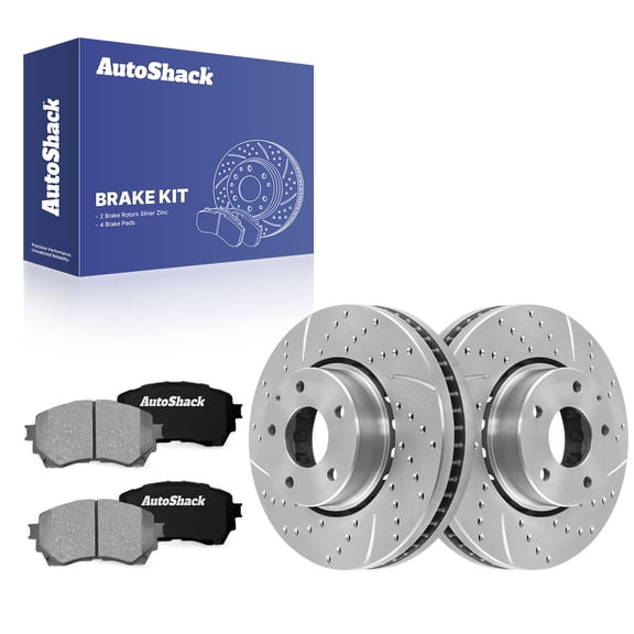 AutoShack Front Vented Drilled & Slotted Silver Zinc Coated Brake Rotors   Ceramic Pads 6-PC Brake Kit Replacement for 2019-2021 Mazda 6 SilverShield Pro 11.69" (297 mm)