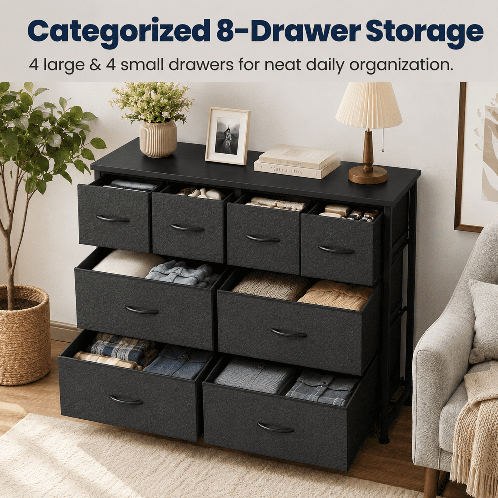 Alvantor Dresser for Bedroom with 8 Drawers, Fabric Dressers Storage Tower with Steel Frame Wood Tabletop, Storage Cabinet, Hallway, Closets