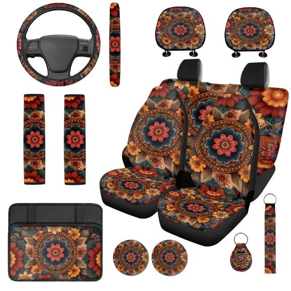 KUIFORTI Mandala Print Car Seat Cover Set Easy Installation Set 14 Pcs Aotumotive Interior Sets Car Armrest Cushion Universal Fit Cars SUV Trucks Comfortable Breathable