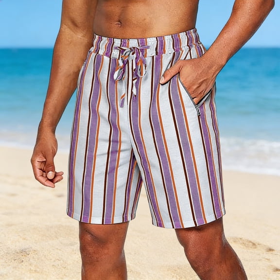 Mens Linen Shorts Vertical Striped Elastic Waist Beach Shorts Drawstring Breathable Summer Shorts Lightweight Casual Holiday Vacation