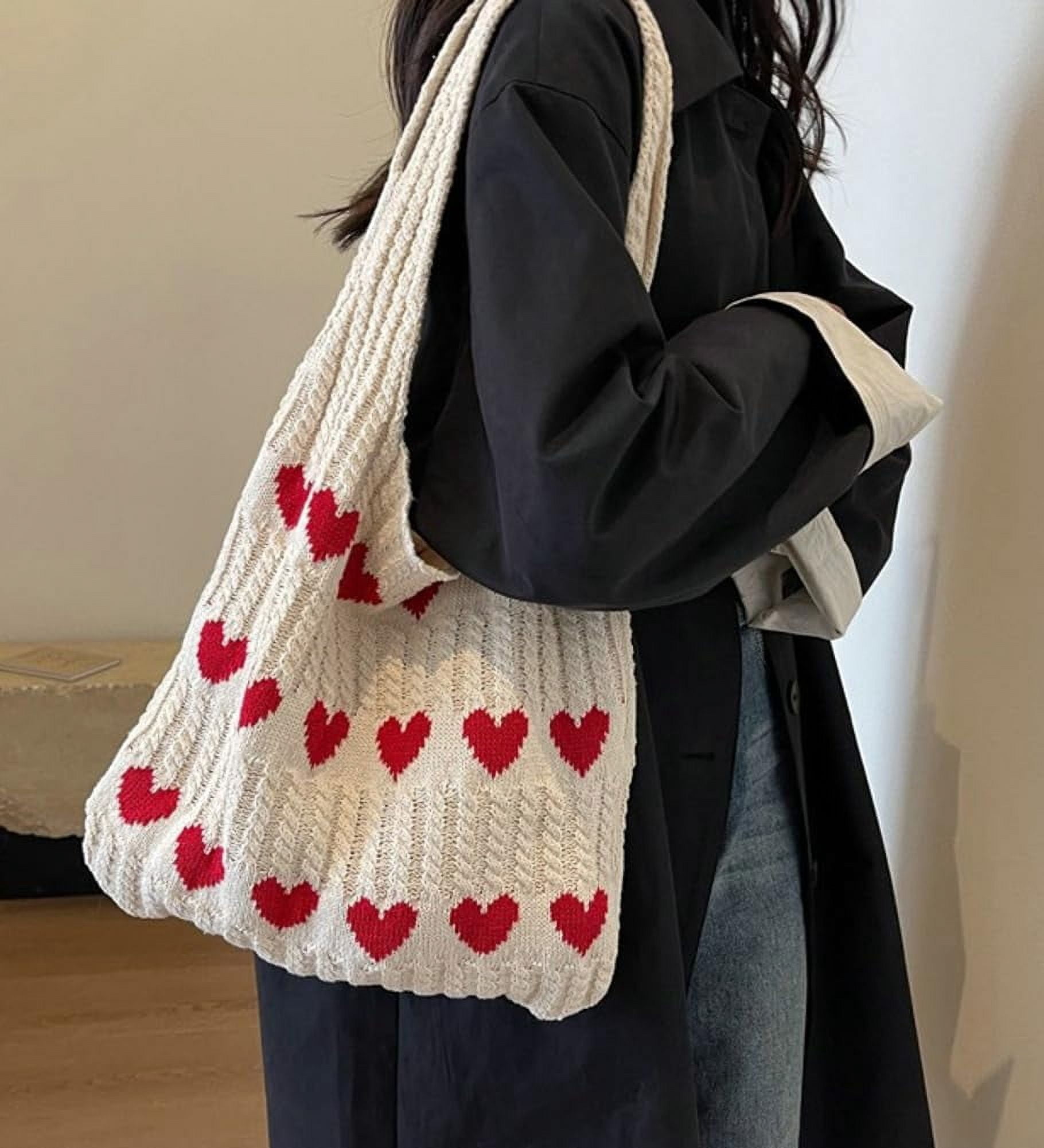Crochet Tote Shoulder Bag for Women. Large heart - shaped beach bag. Handmade knitted hobo bag