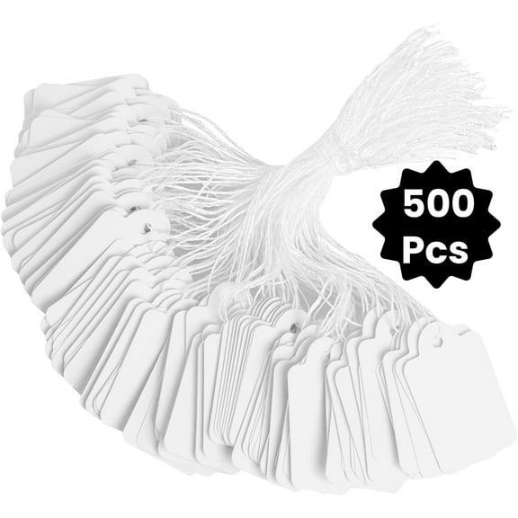 LQQBOX 500 Pcs White Marking Tags Price Labels Display Tags with Hanging String(Vintage Style,23 x 13 mm)