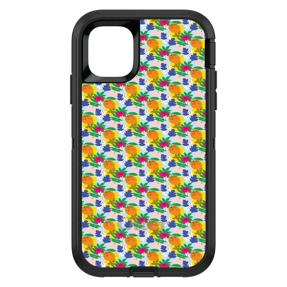 DistinctInk Case for iPhone 15 (6.1" Screen) - OtterBox Defender Custom Black Case - Summer Vibes Floral Pattern Orange Blue Yellow