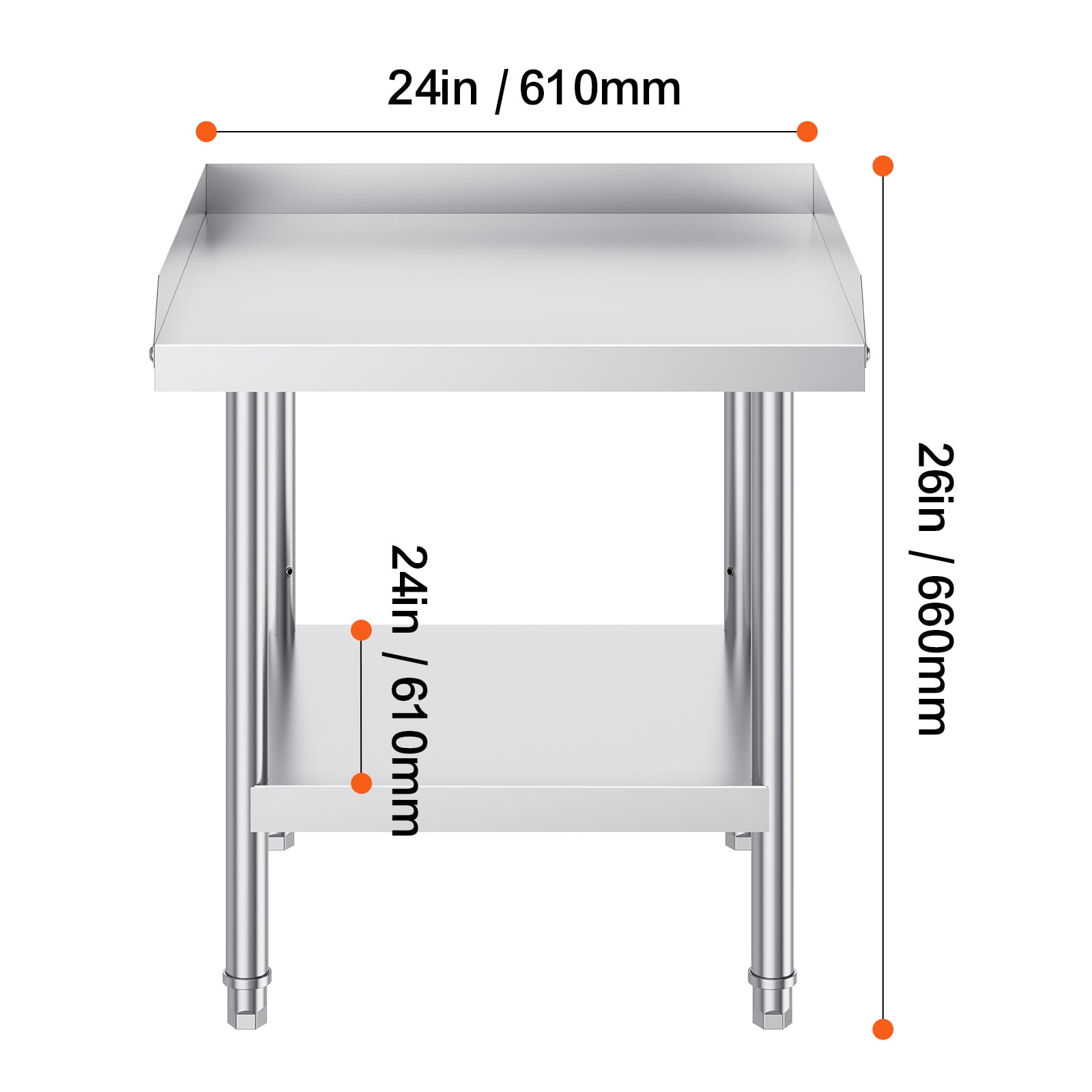 KFFKFF Metal Prep Table, 24x24x26 In, Stainless Steel, Kitchen Workstation with 3-Sided Splash Guard, Adjustable for Restaurants, Homes, Hotels