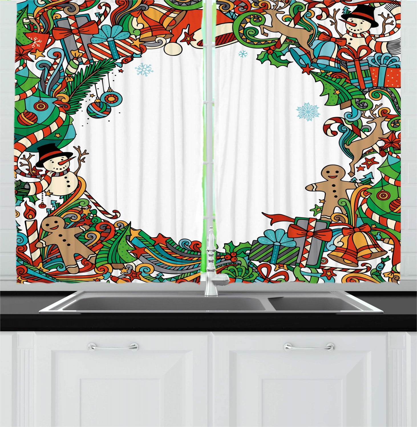 Kids Christmas Curtains 2 Panels Set, Big Collection of Holiday Symbols