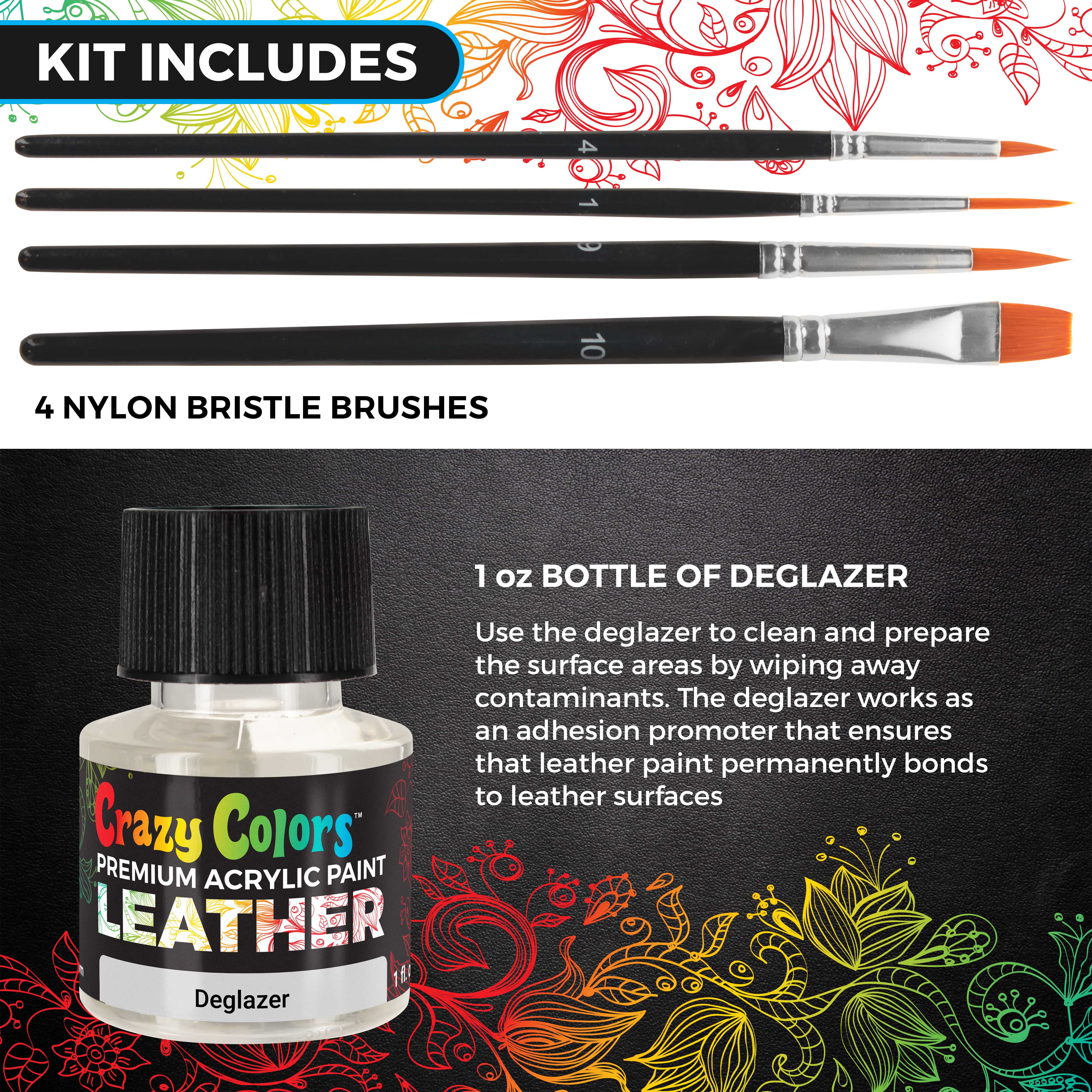 Crazy Colors Premium Acrylic Leather and Shoe Paint Kit, 29 Colors, Deglazer, 4-Piece Brush Set - 1 oz Bottles, Opaque, Metallic, Neon - Flexible, Scratch Resistant - Sneakers, Jackets, Bags Purses