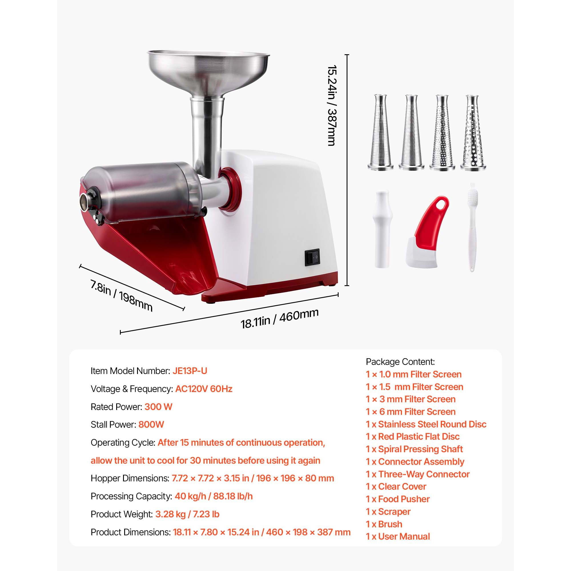 KFFKFF Electric Tomato Strainer 800W Max Sauce Maker, Processes 88 lbs/H for Purees, Strawberry, Salsa, Stainless Steel Tomato Food Mill Press Machine with 1mm, 1.5mm, 3mm & 6mm Screens, White