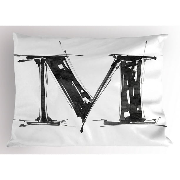 Letter M Pillow Sham Alphabet Symbol in Sketchy Stencil Art Style Hand