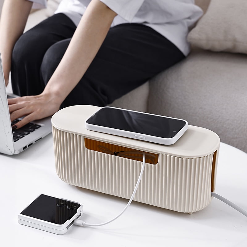 Cable Box Organizer, Plastic Cord Hider Box with Lid for Desk and Floor, Power Strips Cover for Home, Office, Computer, TV, School, Kitchen, Surge Protector Cover (Organ pleated beige）