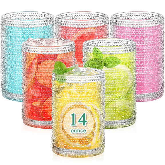 GPED 14 oz Vintage Hobnail Drinking Glasses ,Hobnail Glass Cups Set of 6, Embossed Water Tumbler, Cups for Kitchen, Beaded Glassware, Highball Glasses for Whiskey, Juice, Water, Beer