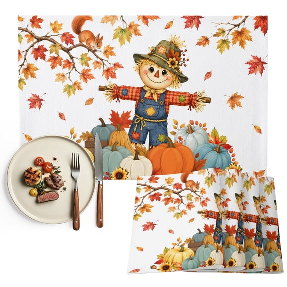 Fall Scarecrows Placemats Set of 2, Thanksgiving Autumn Harvest Pumpkins Leaves Washable Wipeable Table Mats for Dining Tables, Indoor Outdoor Kitchen Place Mats for Holiday Party Table Decor
