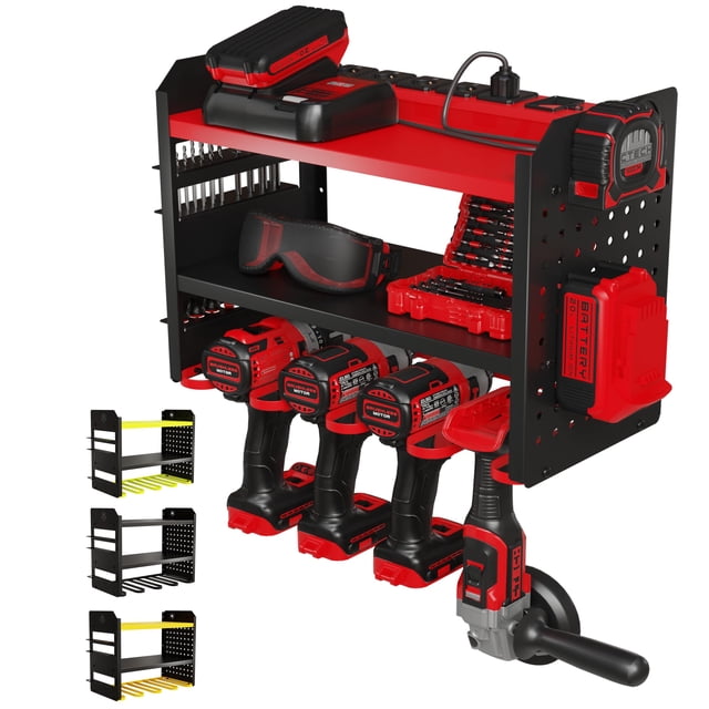 BUILTSTRONG Power Tool Organizer Wall Mount - 3-Tier Heavy-Duty Metal Hand Tool Storage Rack, Utility Racks, Drill Holder, PegBoard Side, & More - Ga
