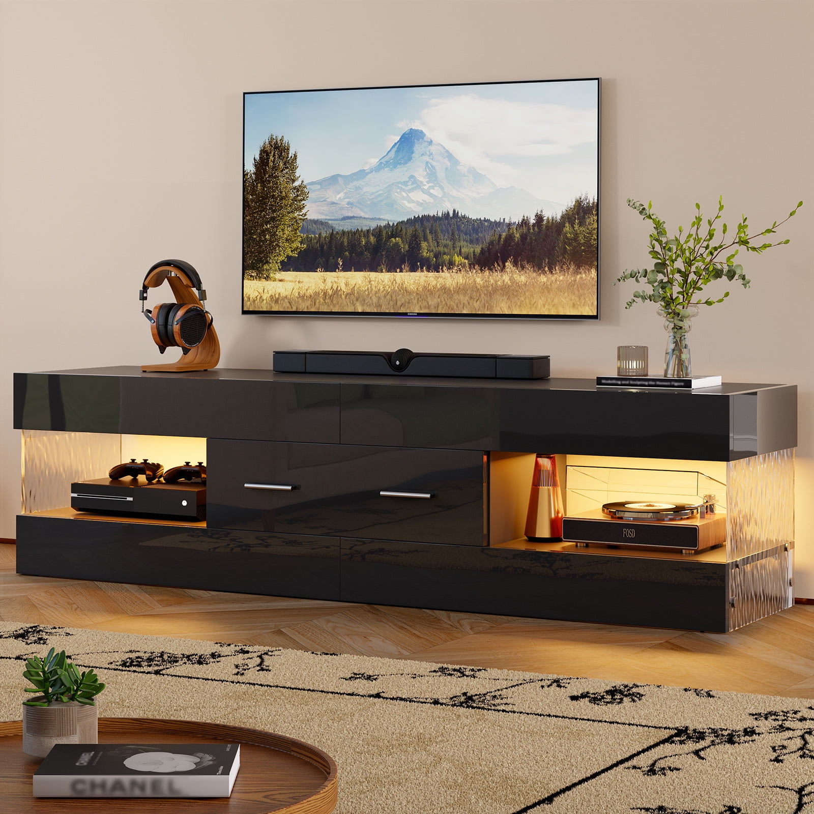 Bestier Black TV Stand for TVs up to 65", Modern Entertainment Center for TVs with LED Light, High Gloss TV Console Table with Storage Drawers
