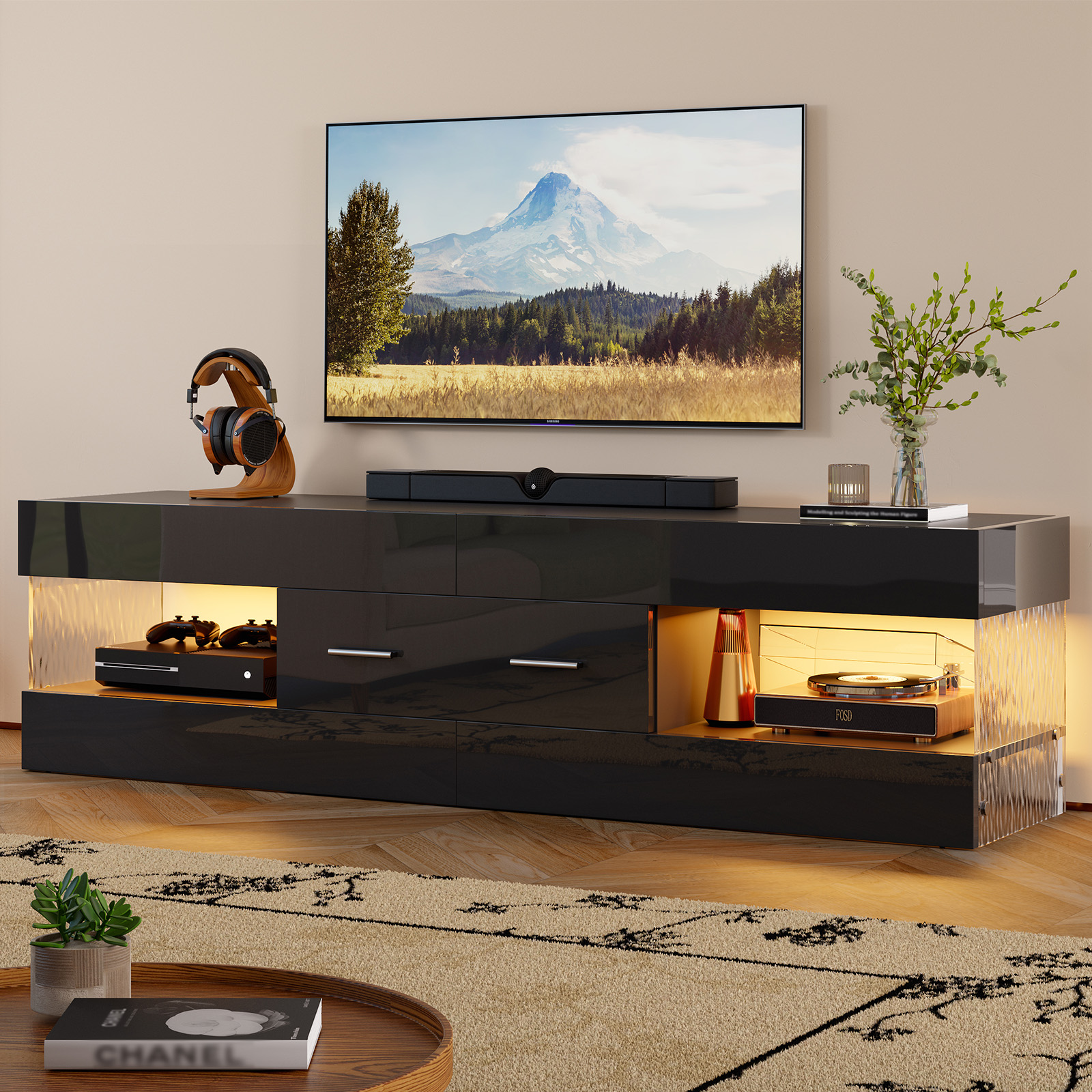 Bestier 70" Modern TV Stand with LED Lights, High Gloss Black photo 7