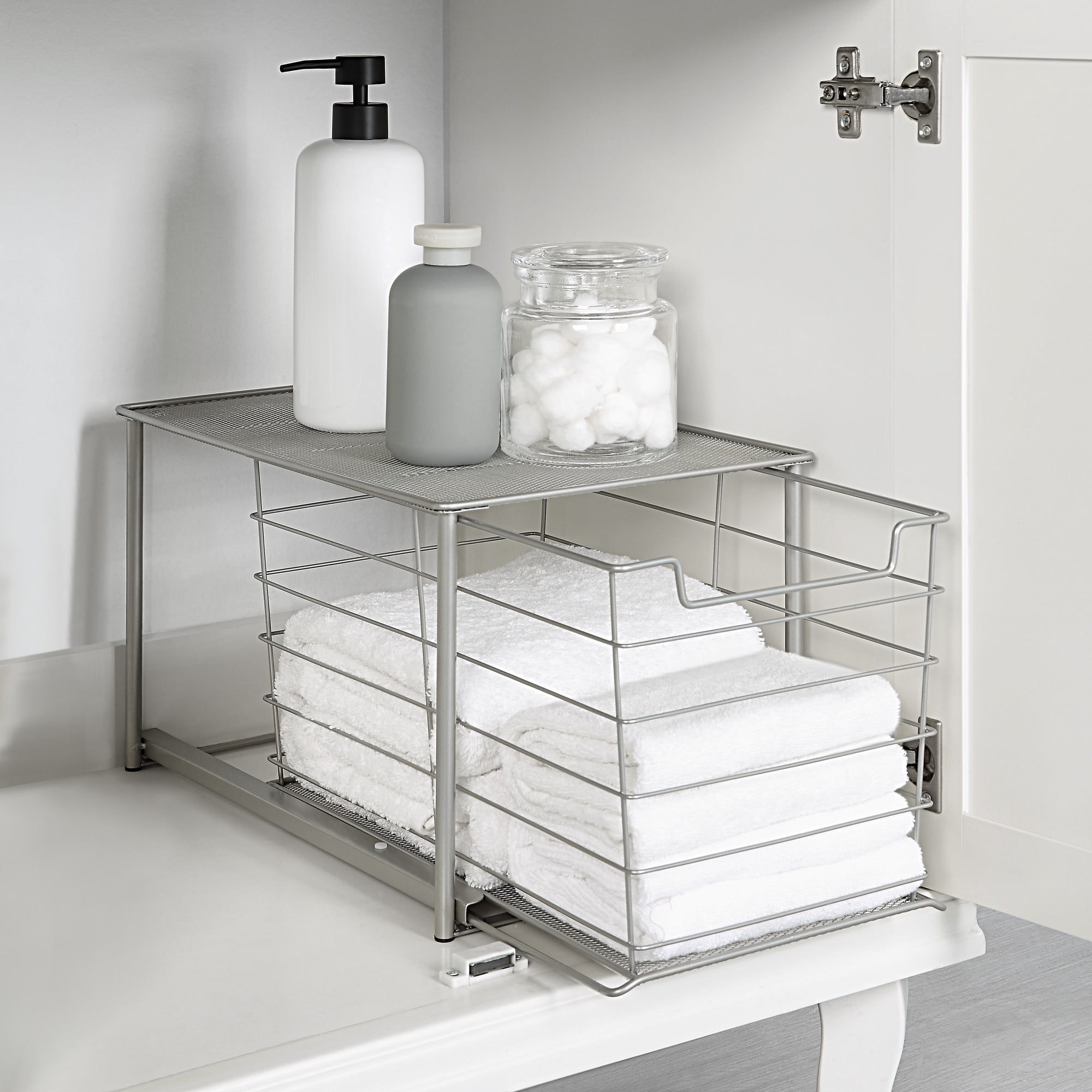 Mainstays Large Stackable Slide-Out Drawer Organizer, Satin Nickel, 15 x 10 x 9.3 in