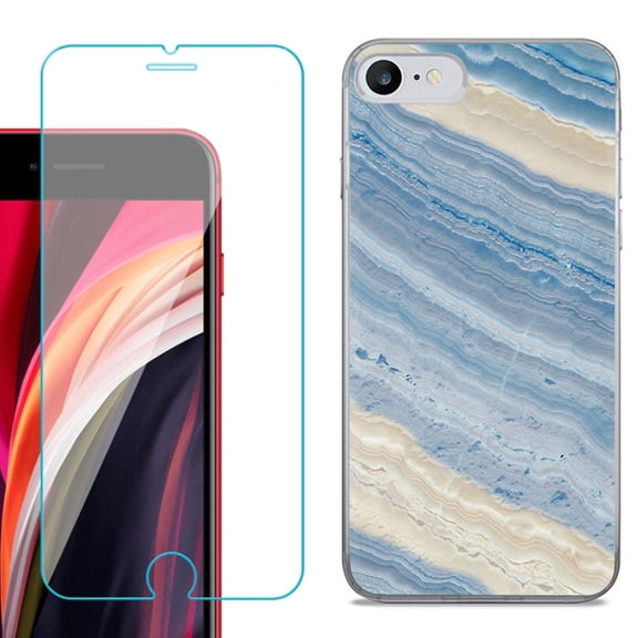 Slim-Fit Fashion Gel Phone Case for iPhone SE 2022, with Tempered Glass Screen Protector, by OneToughShield ® - Marble/ Marina Blue