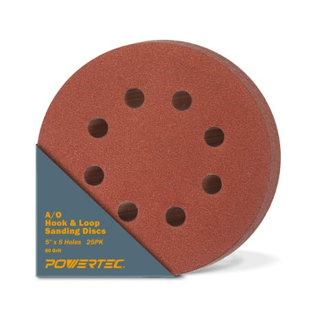 

POWERTEC 5 inch 8 Hole 80 Grit Hook and Loop Sanding Disc 25 PK Aluminum Oxide for Random Orbit Sander 45008