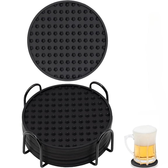 Set of 6 Silicone Drink Coasters with Metal Holder - 4" Round, Heat Resistant & Non-Slip Universal Cup Pads for Table, Desk, Office, Bar (Black)