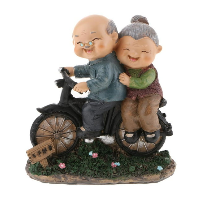 Escultura romántica china de un anciano esposo y esposa casados enamorados pareja de bicicletas