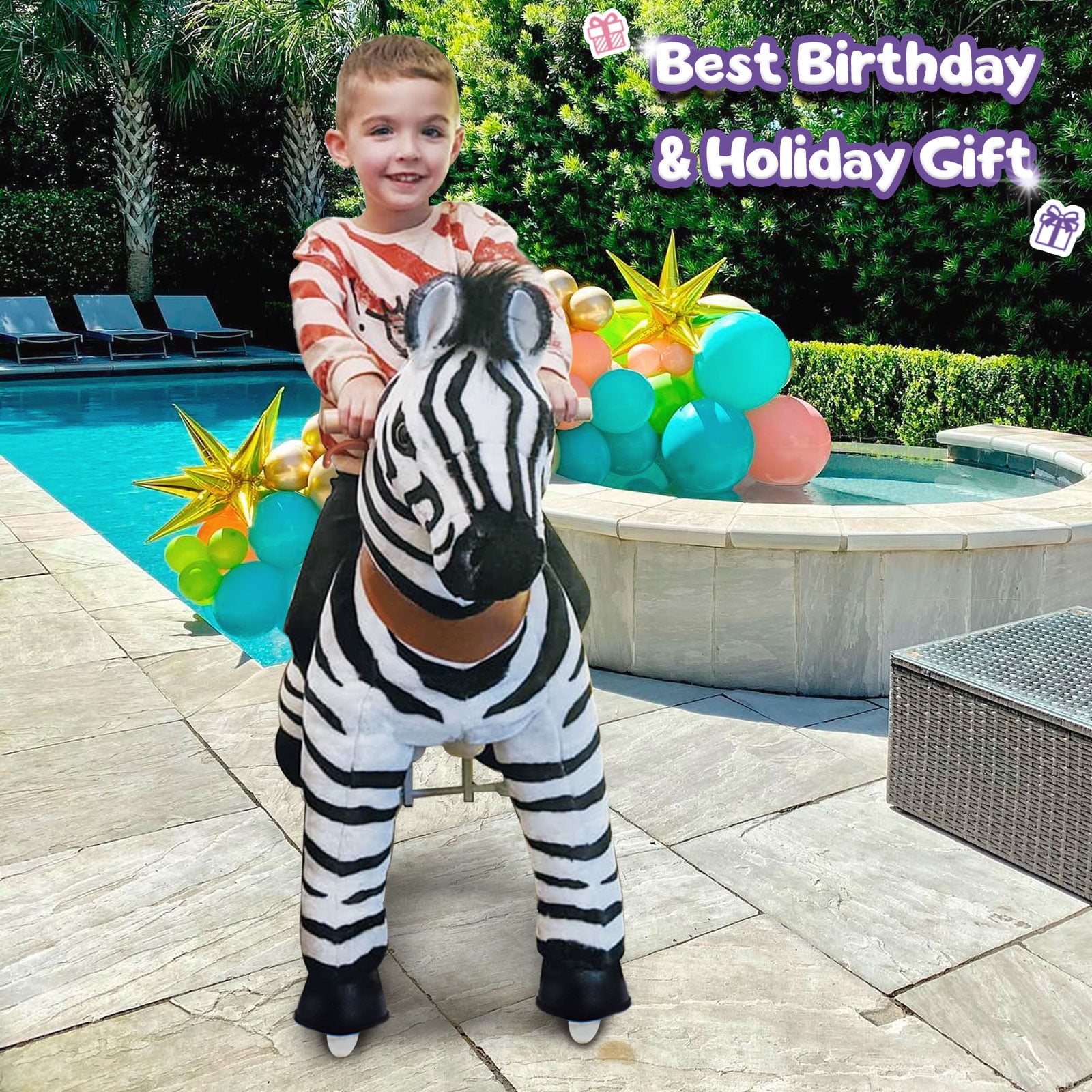 ぱるる EveryDayWith Zippy(EDWZ) PonyCycle Zebra Plush Ride-On Toy for Kids, Stable and Kid