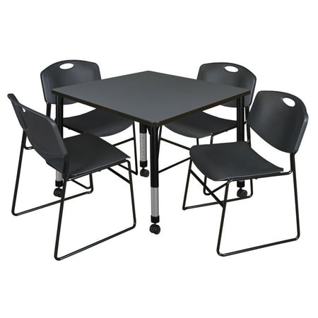 UPC: 0192357042878 | Regency Kee 36  Square Height Adjustable Mobile Classroom Table – Grey & 4 Zeng Stack Chairs- Black