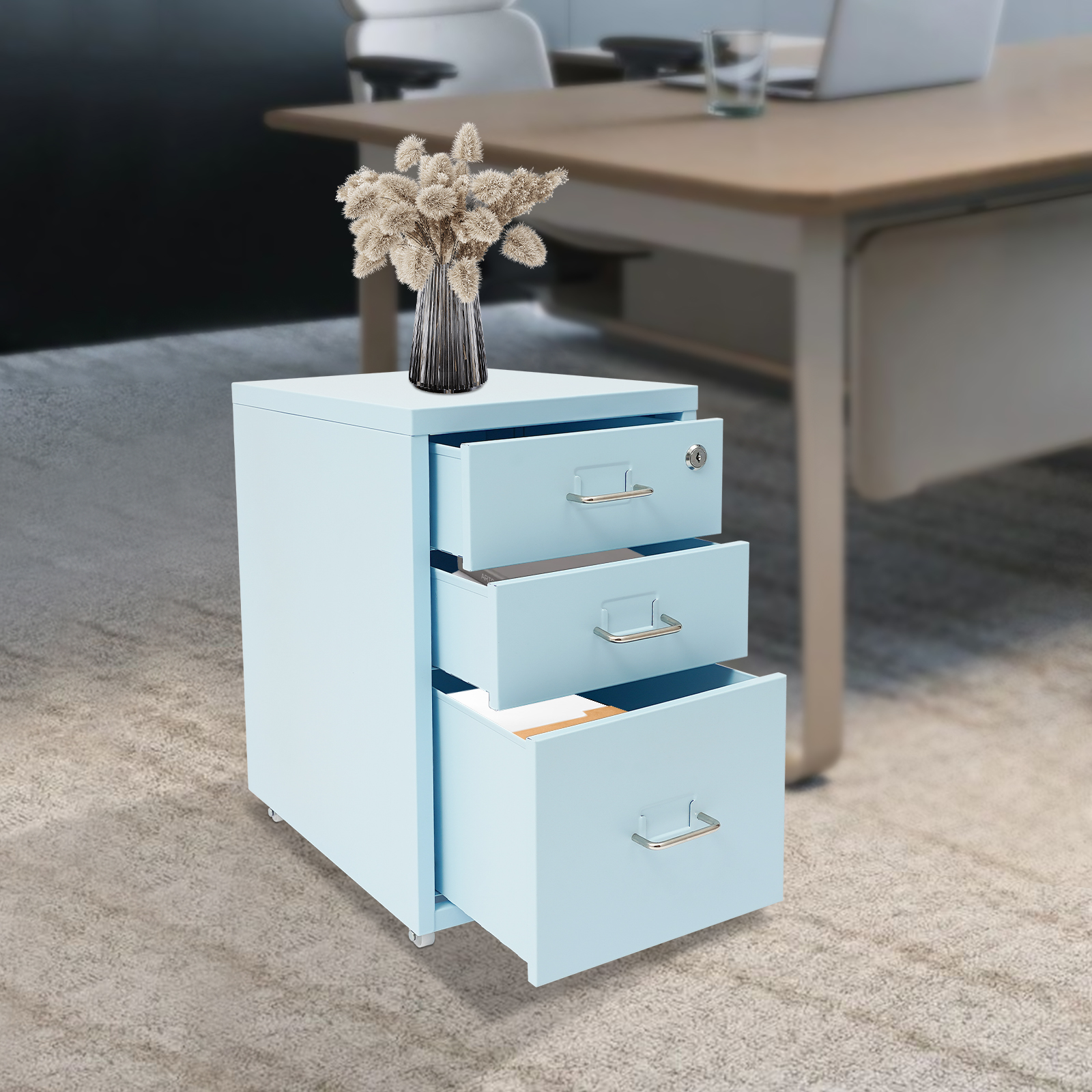 3 Drawer File Cabinet with Lock, Rolling Metal Filing Cabinet for Home and Office, 3 Drawer Storage Dresser with Wheels