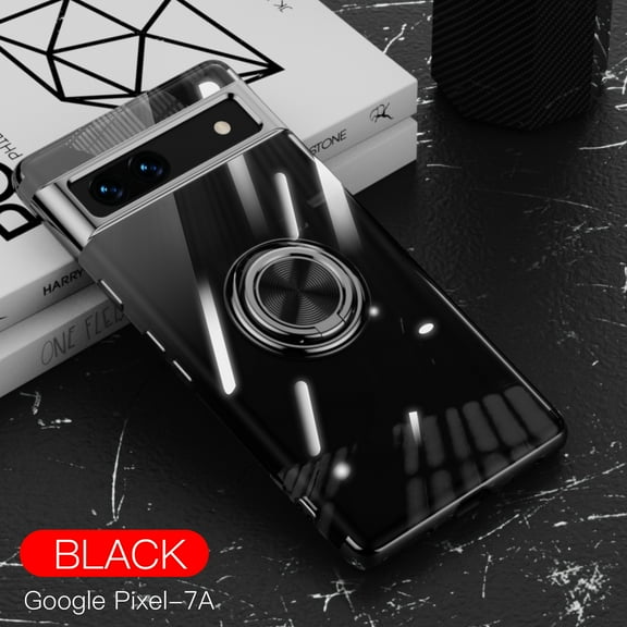 Nalacover Magnetic Case for Google Pixel 7A, Electroplated Frame Clear Rotate Ring Holder Kickstand Slim Thin Fit Cover Support Car Mount All-Inclusive Lens Protection Anti-Yellowing Case,Black