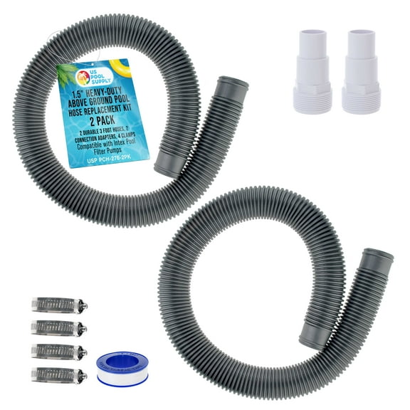 U.S. Pool Supply 1.5" Heavy-Duty Above Ground Pool Hose Replacement Kit - 2 Silver 3 Foot Hoses, 2 Connection Adapters, 4 Clamps - Compatible with Intex Filter Pumps