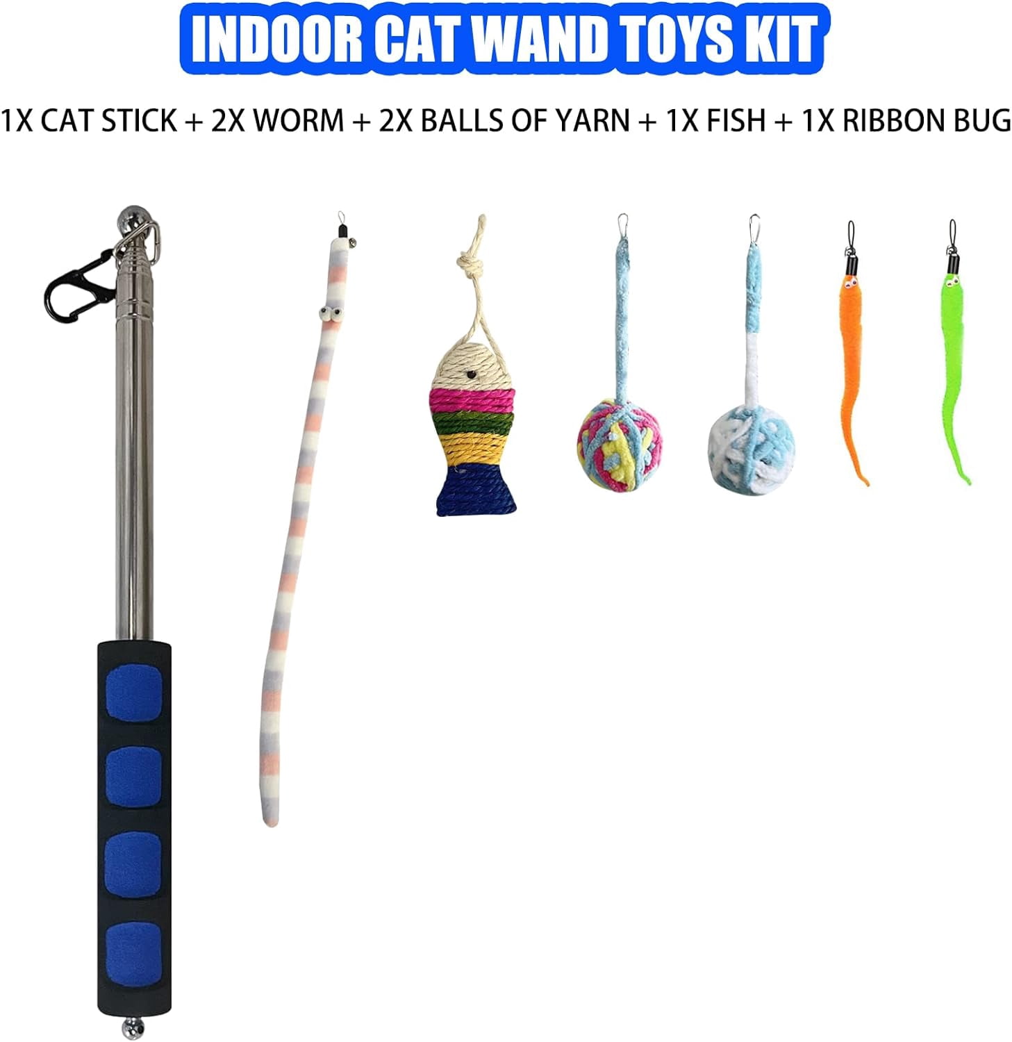 Retractable Cat Wand, 7 Pack Super Long 55.1" Wand Toy with Ball of Yarn, Feather Teasers - Interactive Indoor Cat Toys for Kittens & Cats