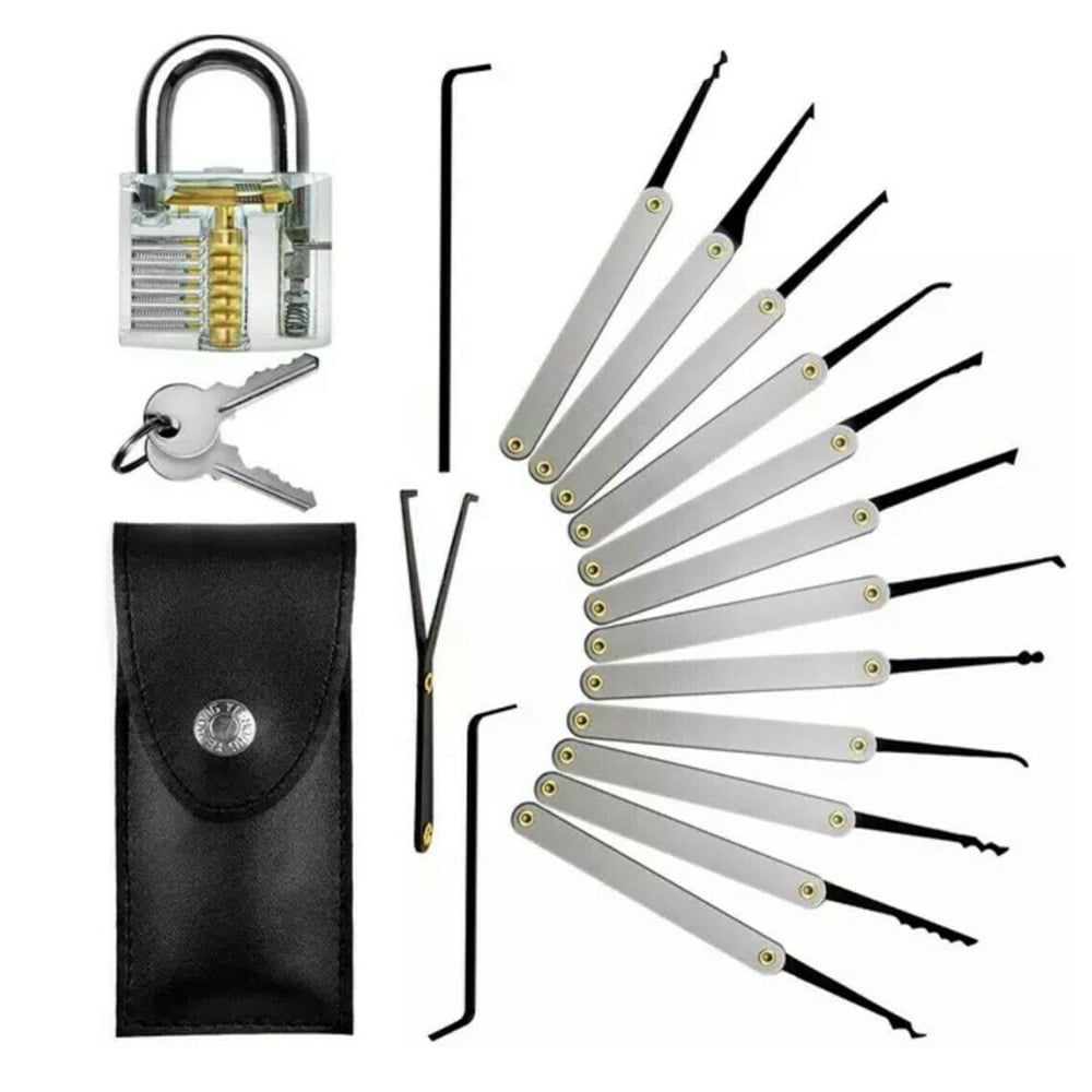 Lock Pick Set Key Extractor Clear Practice Padlock Multi tools & Flashlight USA 
