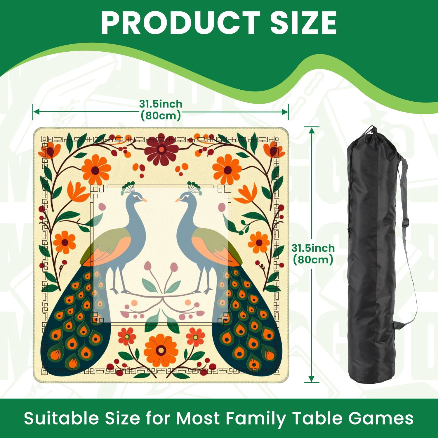 Mahjong Mat 31.5" x 31.5" Symmetrical Peacock Vibrant Orange Flowers Green Foliage Folk Art Non-Slip Noise Reduction American Mahjong Tiles Table Cover for Dominoes Poker Card Board Games Gift
