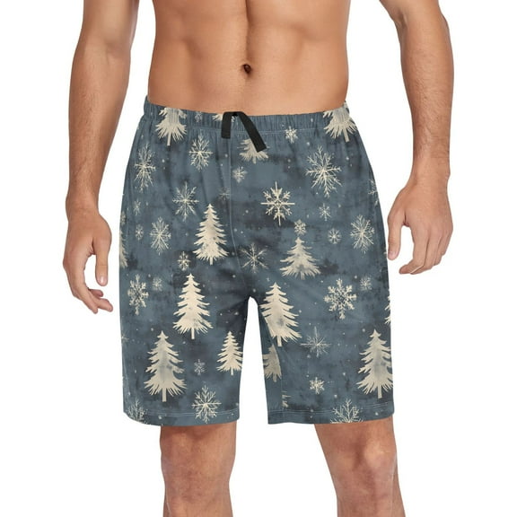 Men's Pajama Shorts Bottoms with Pockets Soft Lightweight Lounge Sleep Wear Pine Tree and Snow