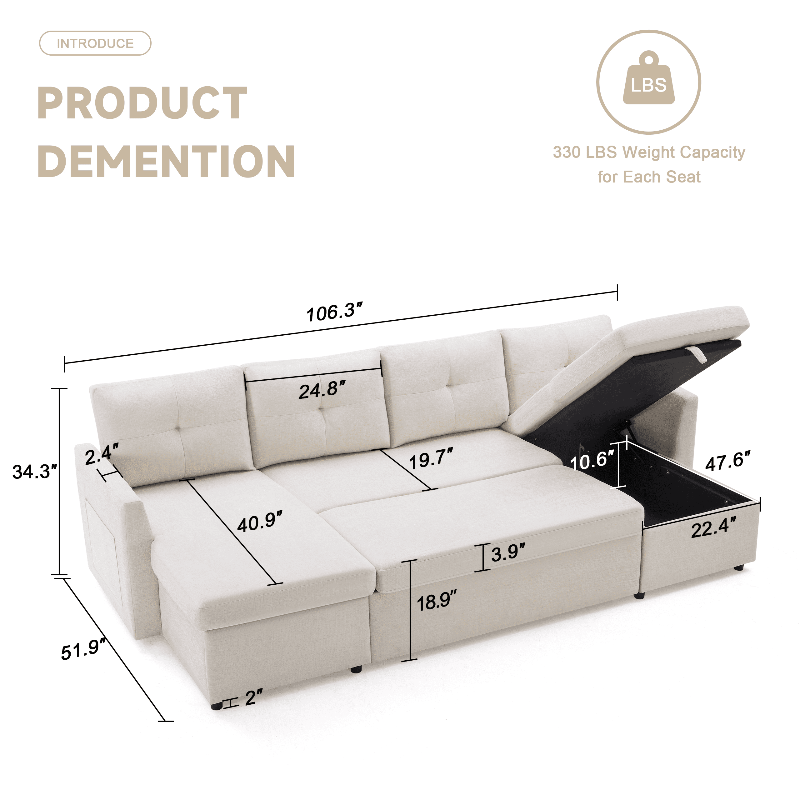 Weture Sectional Sleeper Sofa, 2 in 1 Pullout Couch Bed with Storage Chaise and Pillows, Side Pocket, Beige