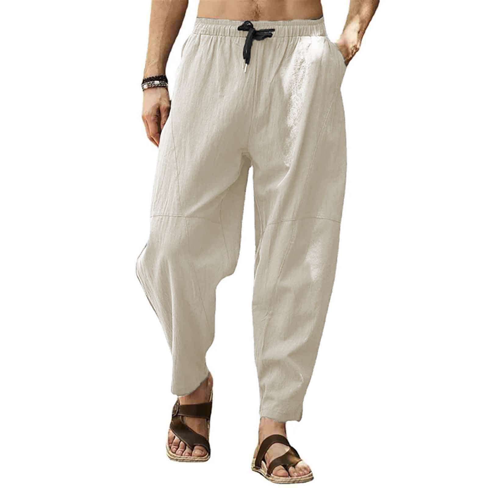 Men's Cotton Linen Loose Beach Pants - Solid Color Casual Trousers