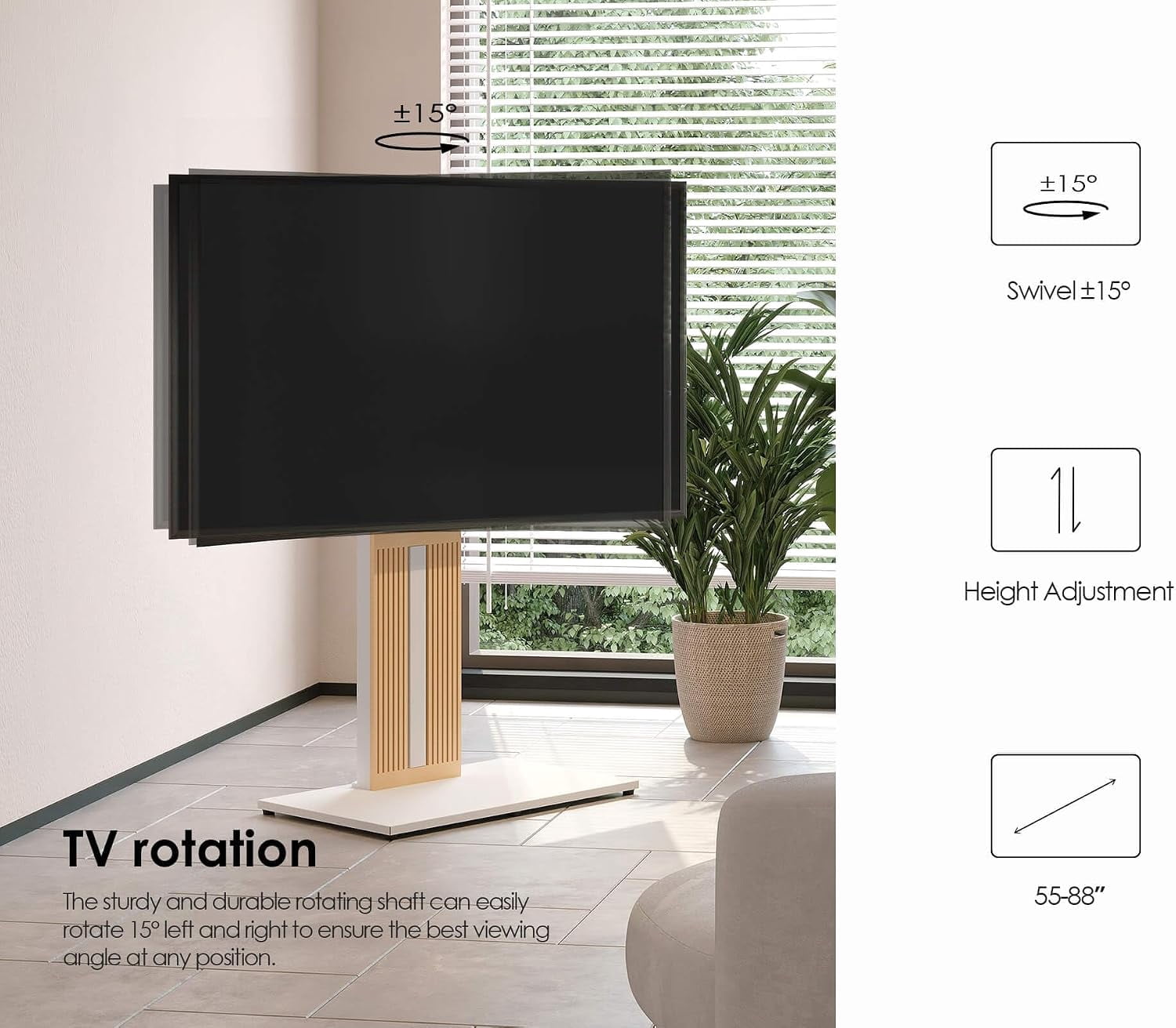 FITUEYES Zen Series Floor TV Stand for 55–88 Inch TVs, White & Light Wood, Hidden Storage