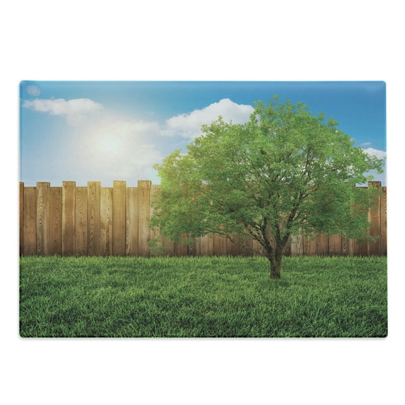 Farmland Cutting Board, Tree of Life in Backyard of a Countryhouse with Sun Tranquil Field Design Art, Decorative Tempered Glass Cutting and Serving Board, Large Size, Green Blue, by Ambesonne