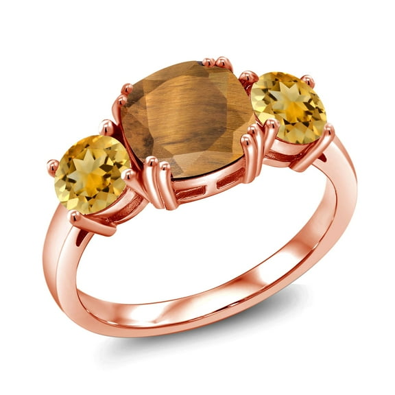 Gem Stone King 18K Rose Gold Plated Silver Brown Tiger Eye and Yellow Citrine 3 Stone Engagement Ring for Women (3.45 Cttw, Gemstone, Cushion 8MM, Size 9)