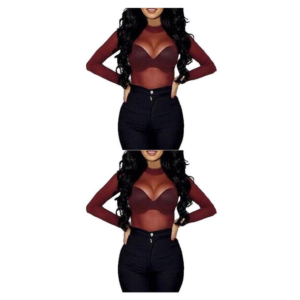 Sonducket Camiseta básica de mujer Sexy de manga larga transparente para mujer camiseta cuello lavable Tops para primavera negro S Type4 NO4 Sonducket CBP196769