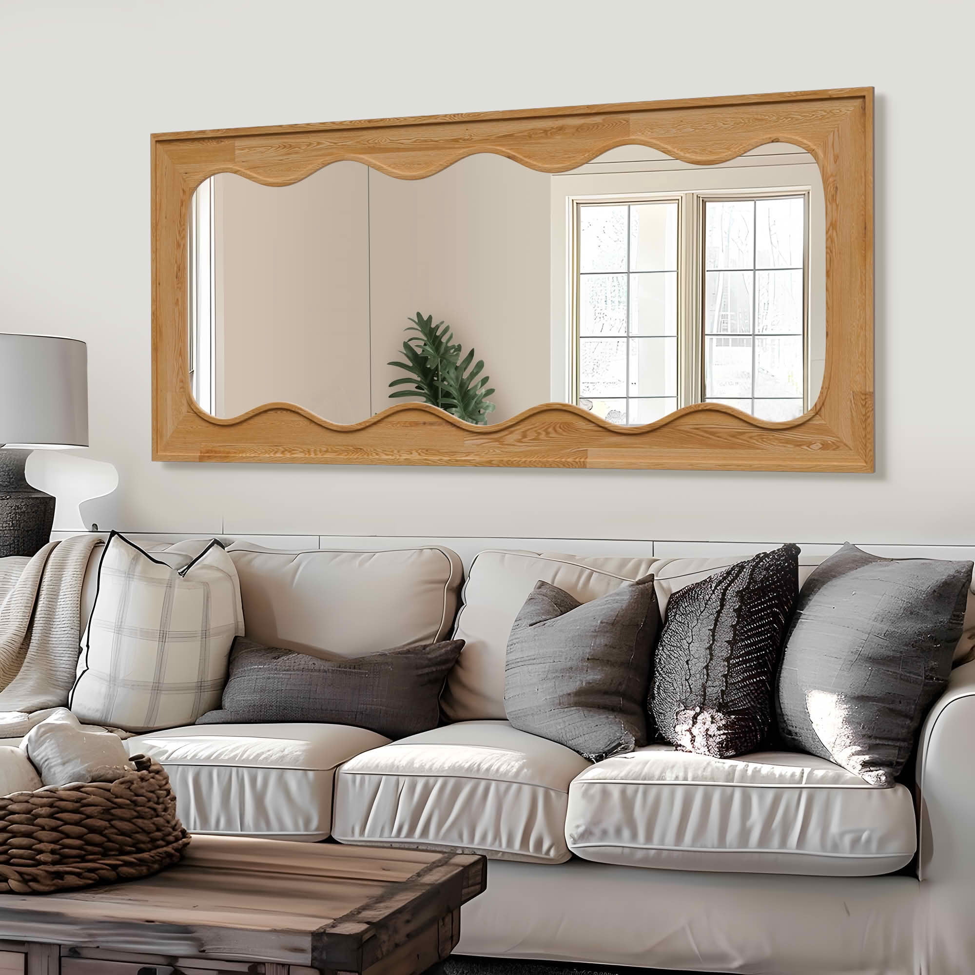 MAYEERTY 71x31x1 Inch Natural Wood Inner Wave Right Angle Rectangular Full Length Mirror, No Stand for Bedroom