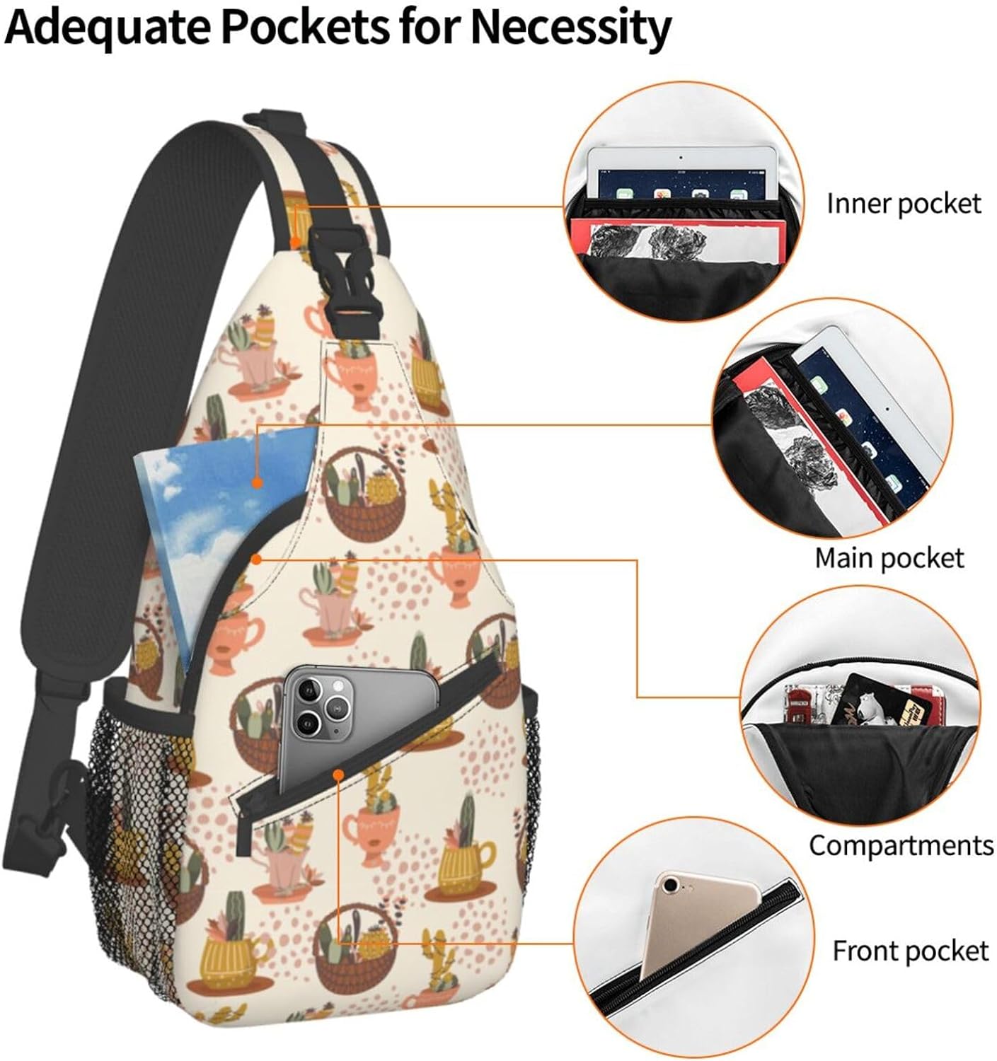 Cute Cactus Pattern Sling Bag Crossbody Hiking Travel Chest Bags Backpack Shoulder Daypack for Women Men